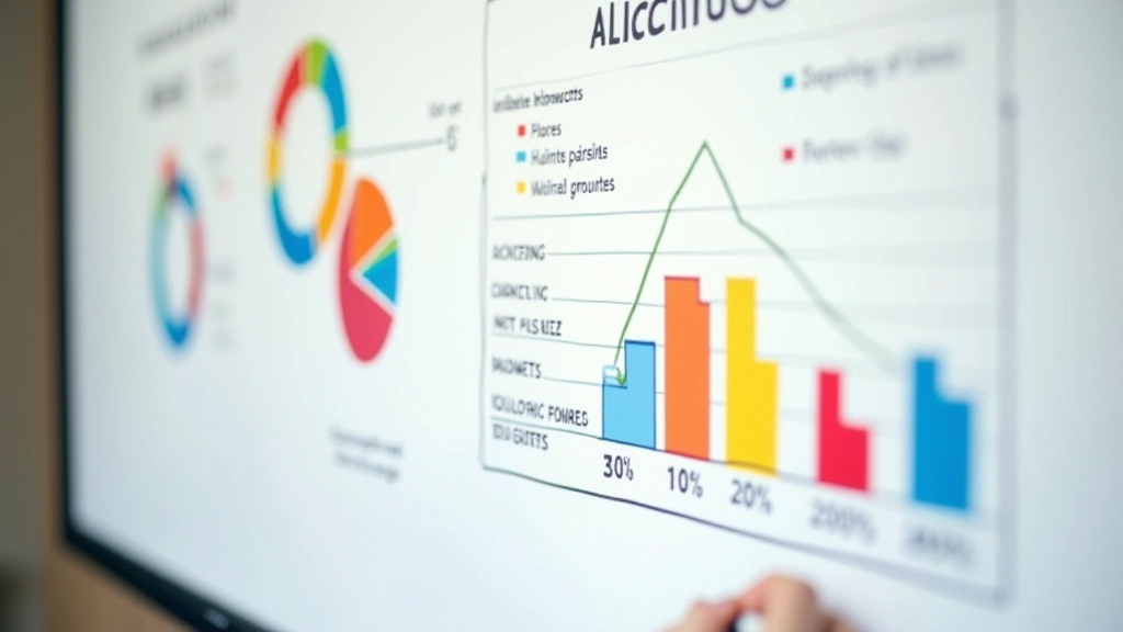 Graphique circulaire montrant la répartition budgétaire avec sections colorées, tableau financier sur tableau blanc