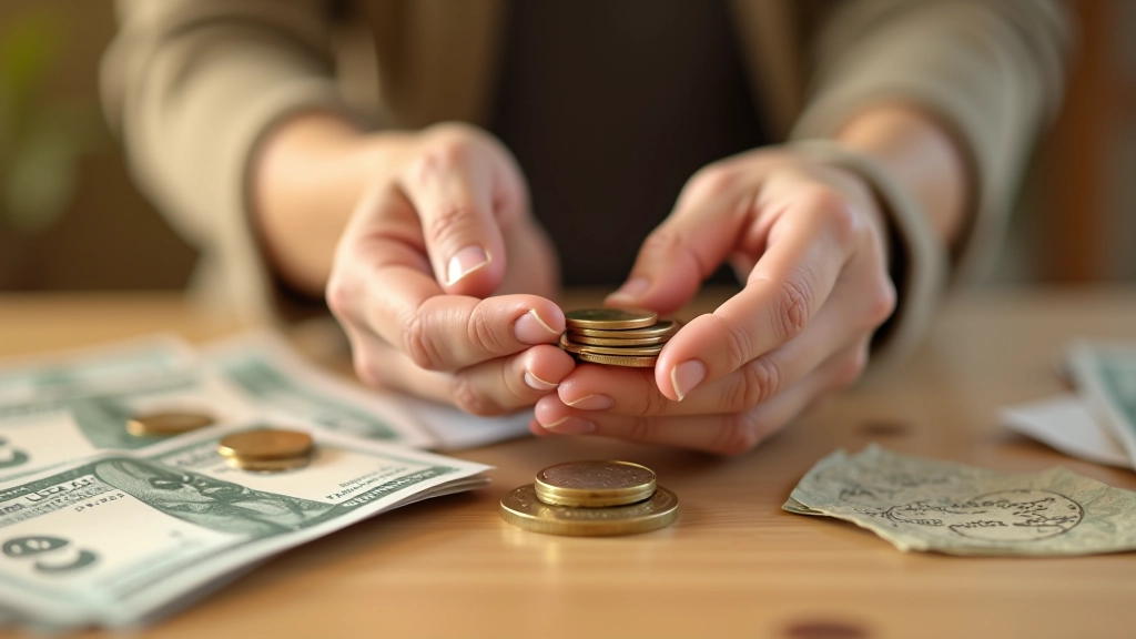 Mains d'une personne tenant des pièces de monnaie et des billets, gestion d'argent personnelle, table en bois