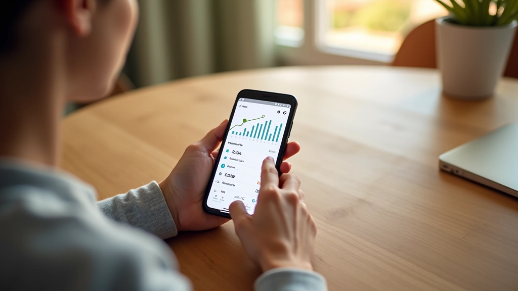 Mains tenant un téléphone affichant une application de gestion budgétaire, tableau de bord avec graphiques