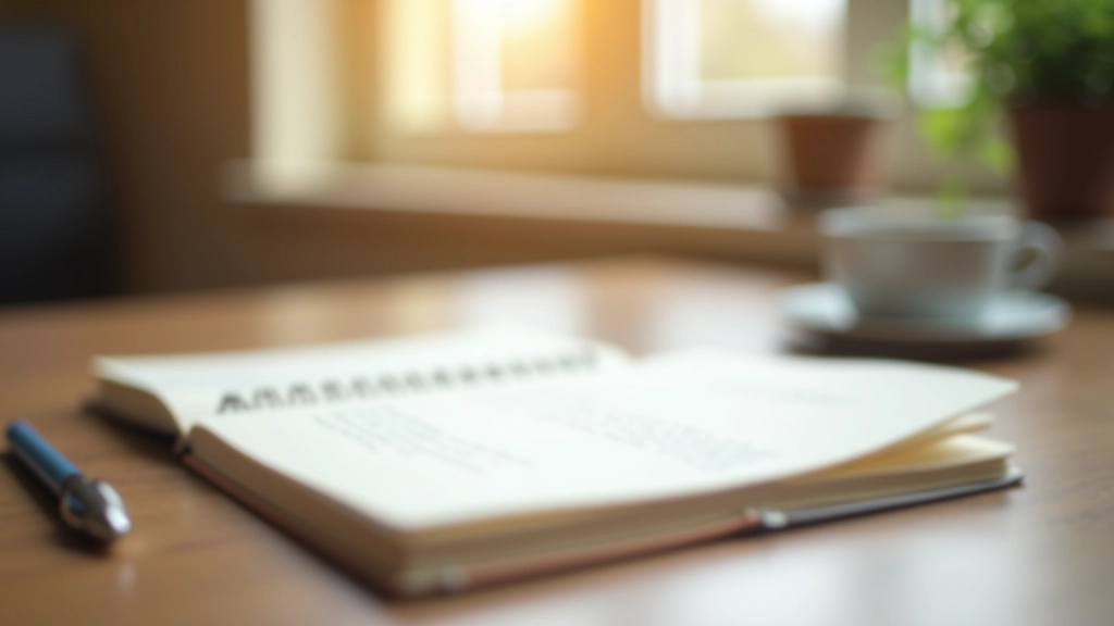 Cahier ouvert avec stylo sur un bureau, journalisation des dépenses, lumière douce du matin