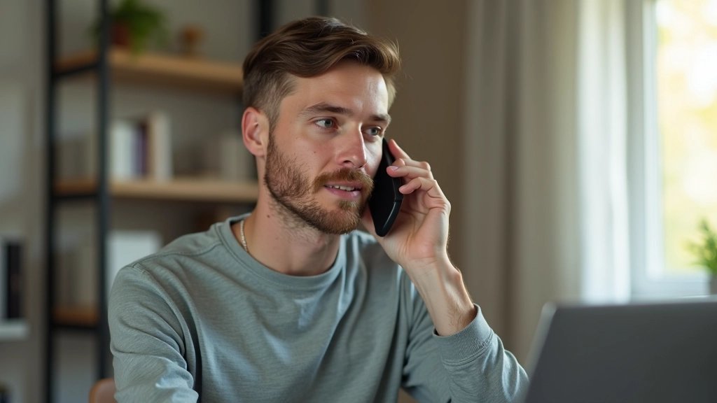 Personne parlant au téléphone, expression sérieuse mais calme, dans un environnement professionnel, lumière naturelle
