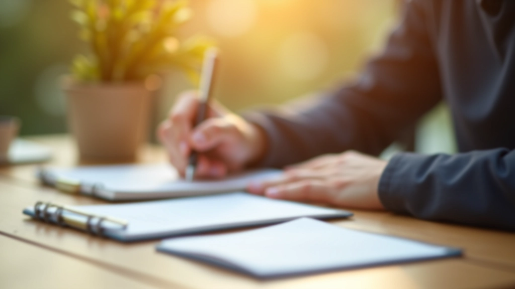 Personne notant ses objectifs financiers dans un carnet, stylo en main, table en bois claire