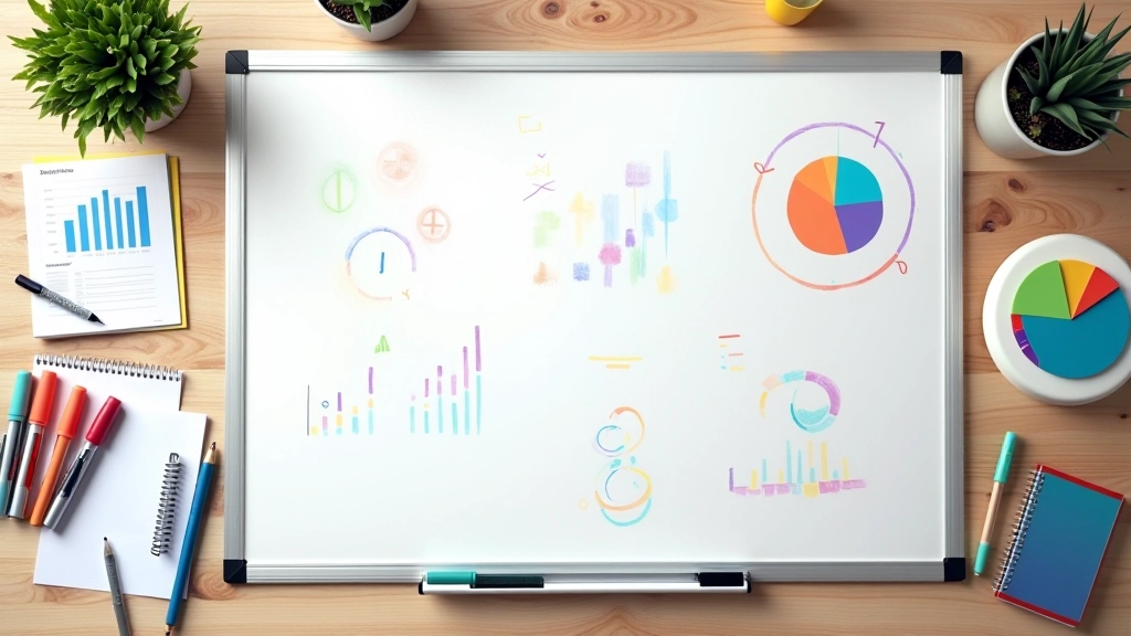 Tableau blanc avec graphiques et notes sur la planification budgétaire, stylos multicolores, vue d'ensemble d'un bureau de travail