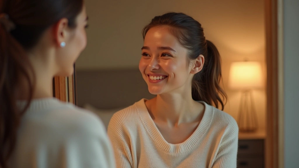 Femme souriant à elle-même dans le miroir, acceptation de soi, environnement calme et lumineux