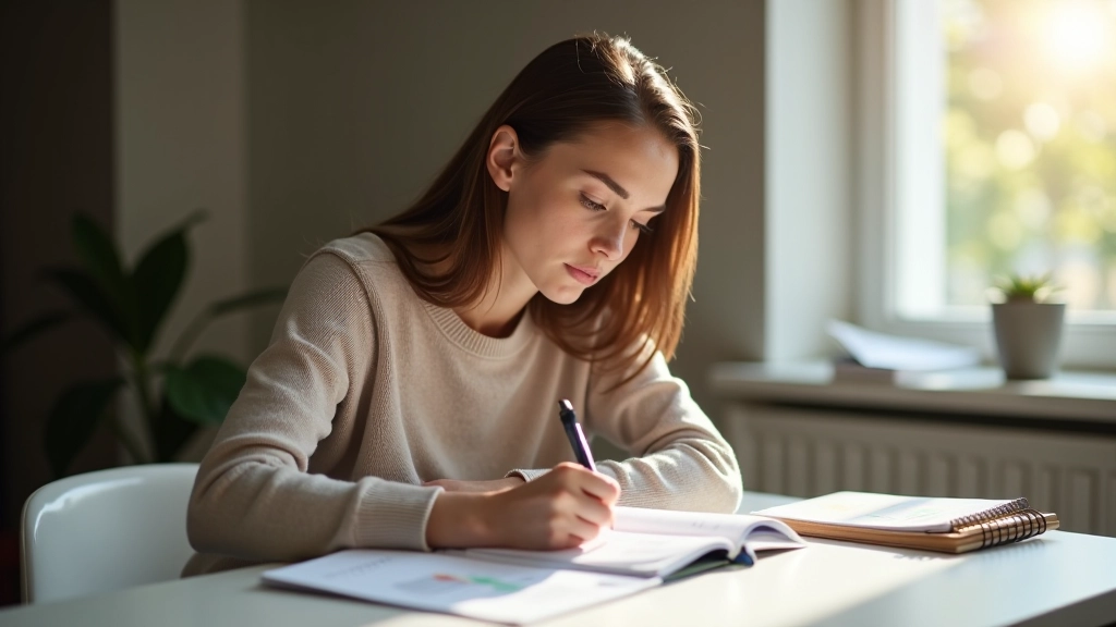 Personne tenant un stylo au-dessus d'un carnet avec colonnes de chiffres et notes financières, bureau lumineux