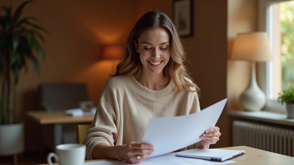 Femme souriante regardant un document financier, tasse de café, environnement détendu et positif