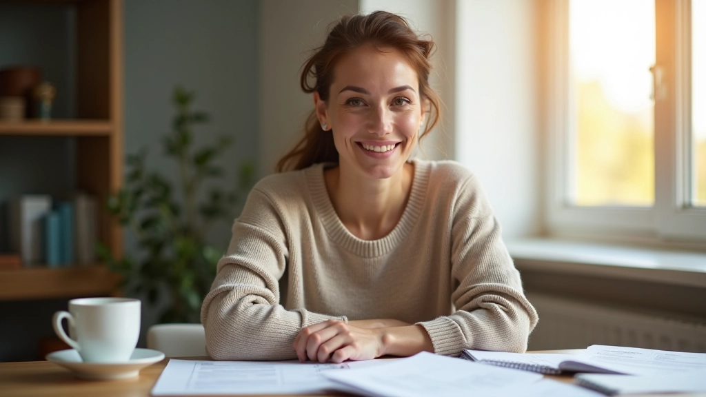 Femme assise à un bureau avec un journal et un café, planification financière, lumière naturelle du matin