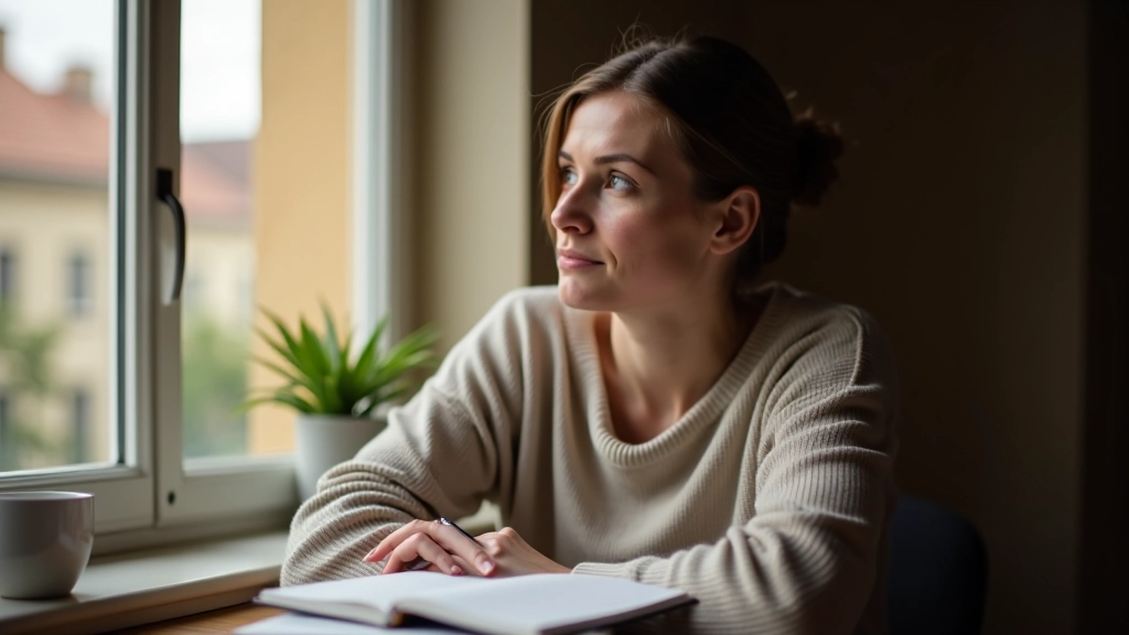 Personne assise confortablement, réfléchissant avec journal ouvert et notes, moment calme de réflexion sur finances personnelles
