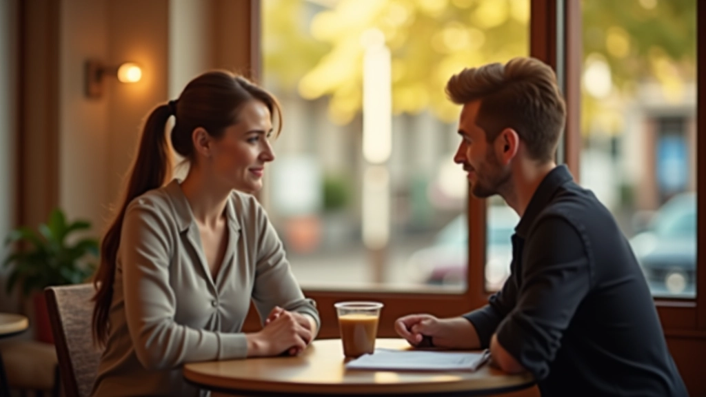 Femme et homme en conversation dans un café, conseils financiers, ambiance chaleureuse et détendue