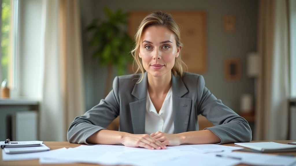 Femme souriante travaillant à son bureau avec documents financiers, environnement calme et organisé, lumière naturelle